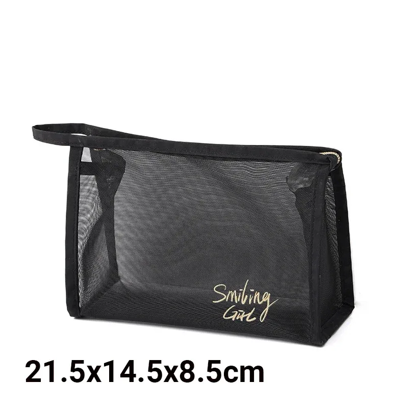 trousse de maquillage en maille noire de grande capacité pour femme, trousse de toilette décontractée à fermeture éclair, sac à cosmétiques de voyage