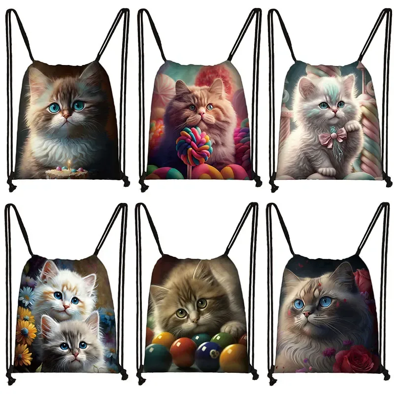 sac à dos imprimé chaton mignon pour femmes, sacs à cordon de serrage chat siamois, sac à bandoulière décontracté pour adolescents, sacs à livres de voyage, porte-chaussures