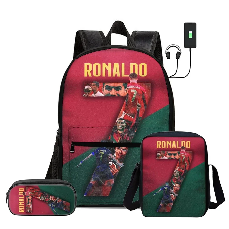ensemble de 3 sacs à dos avec sac à bandoulière, trousse scolaire pour enfant, sac à dos ronaldo avec interface usb, sac à dos pour enfants