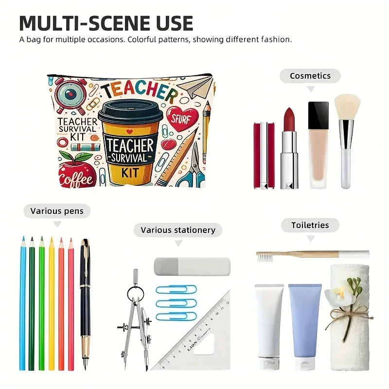 Trousse de survie pour enseignant, sac de voyage cosmétique, pochette à maquillage zippée, trousse de toilette, trousse à crayons, sac organisateur, pochette de rangement pour femme, cadeau
