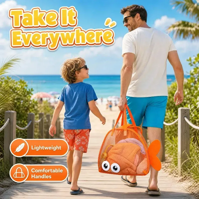 sac de plage en filet, forme de poisson mignon, grande capacité, séchage rapide, sac fourre-tout en filet pour la piscine, la collecte de coquillages, pliable et léger