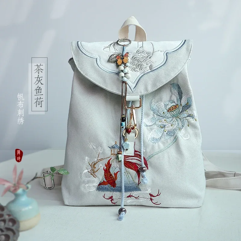 sac à dos en toile muling 15 pouces, style vintage chinois hanfu, brodé, avec cordon de serrage, fermeture éclair antivol, pour ordinateur portable, usage quotidien