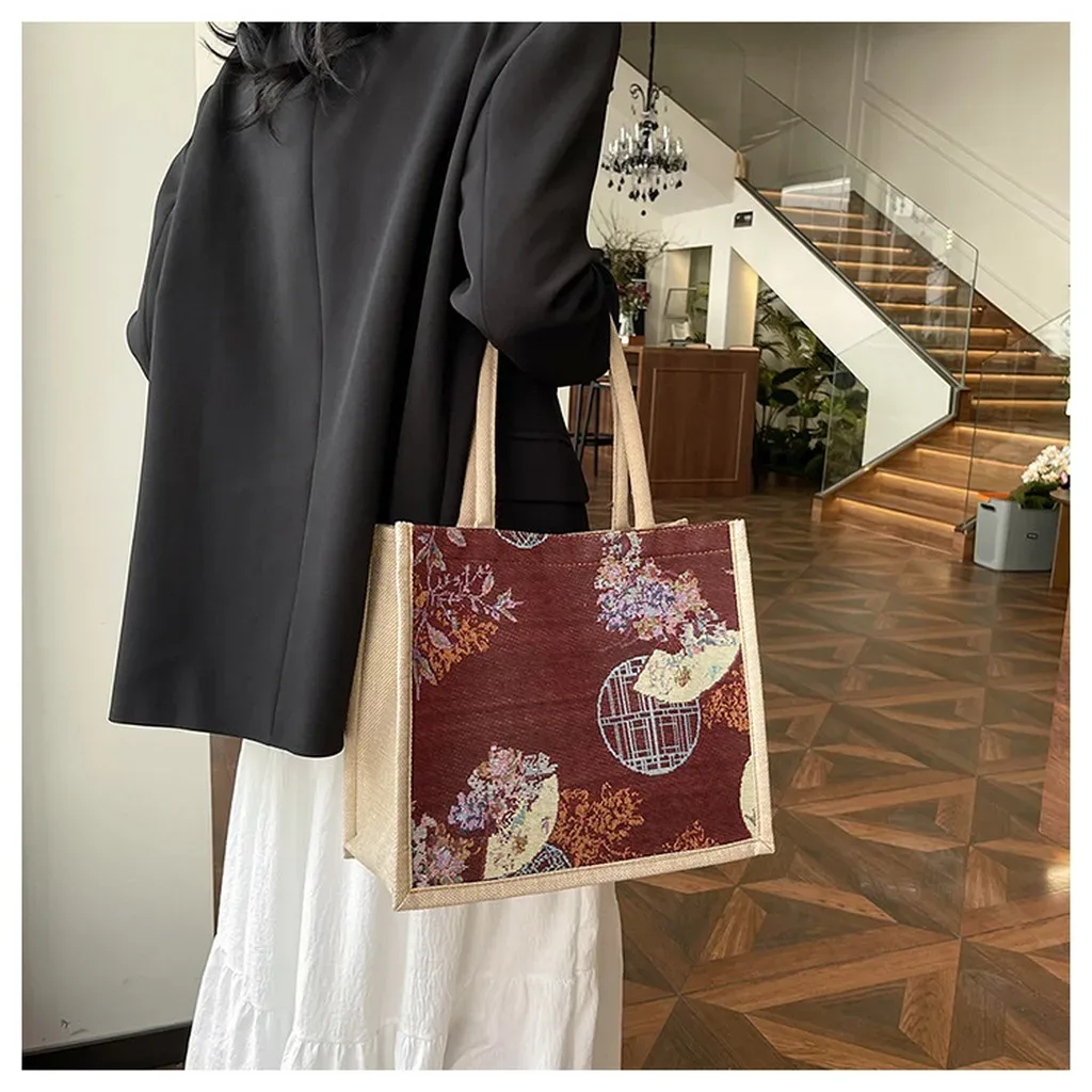 sac fourre-tout en lin élégant pour les trajets quotidiens, sac à main de grande capacité, sac fourre-tout chinois léger pour les rendez-vous, l'école et les trajets quotidiens