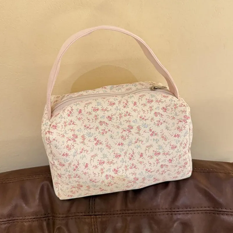 sac de maquillage portable à imprimé floral mignon, petit format, grande capacité, sac de toilette de voyage