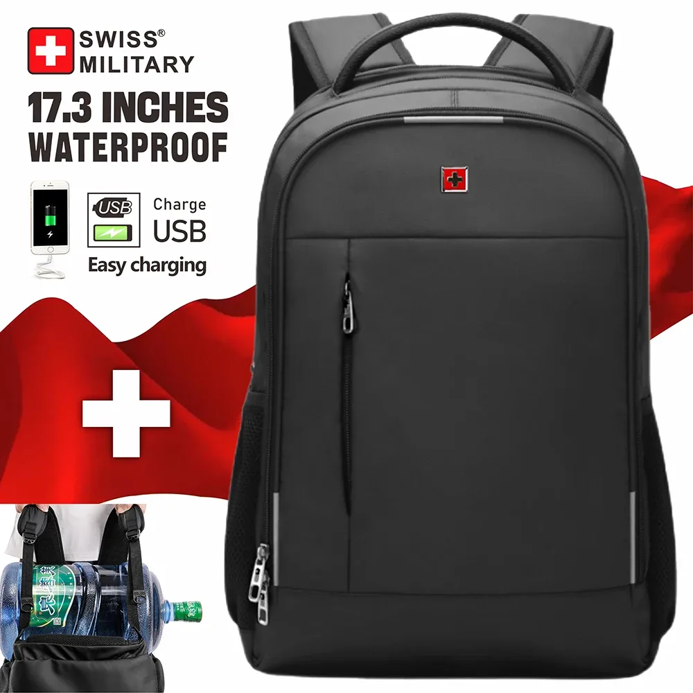 Sac à dos militaire suisse pour hommes, 17 pouces, mode affaires, école, étanche, Usb, grande capacité, sac de poitrine Mochilas