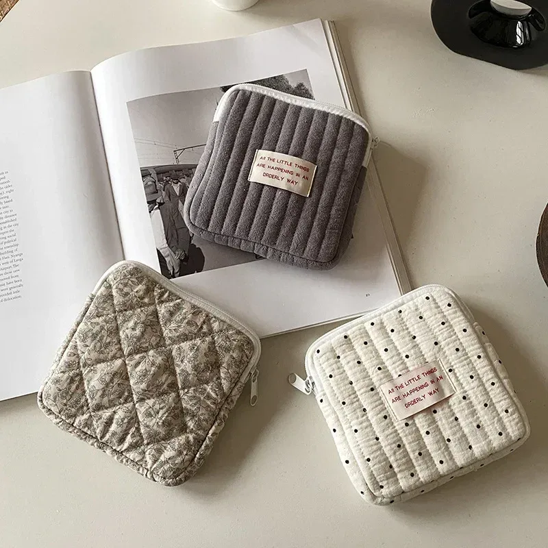 sacs de rangement de serviettes hygiéniques pour femmes, sac de maquillage en coton mignon coréen pour pièces de monnaie, organisateur de bijoux, pochette de maquillage, petits sacs à cosmétiques
