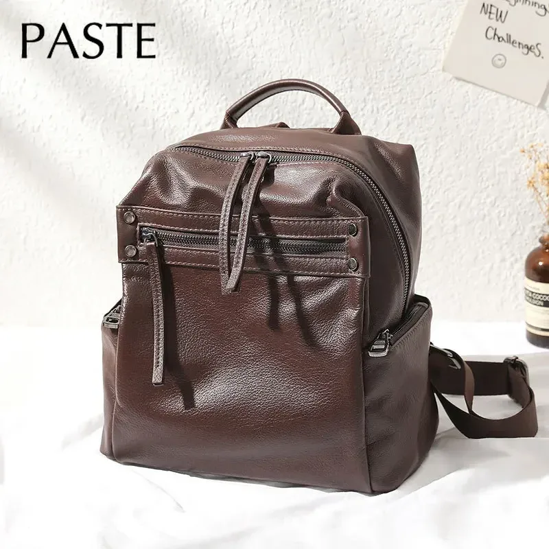 sac à dos de voyage décontracté pour femme, 100% cuir de vache naturel, grand cartable de style preppy pour fille, sac à dos pour ordinateur portable, café, 2025