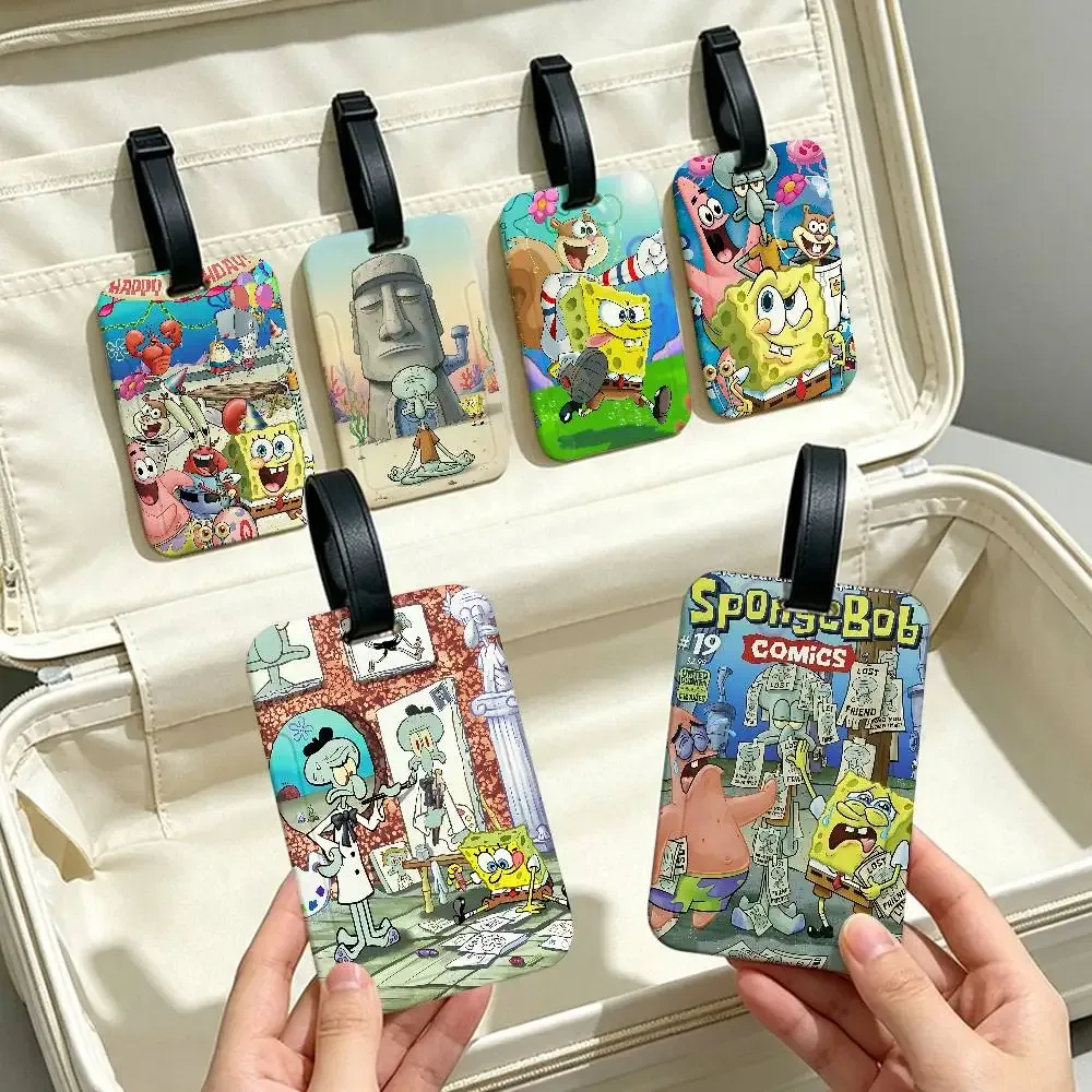 Étiquette de bagage portable anti-perte en PVC, motif dessin animé mignon S-SpongeBob, porte-carte d'informations pour valise, sac à dos, étiquette de voyage