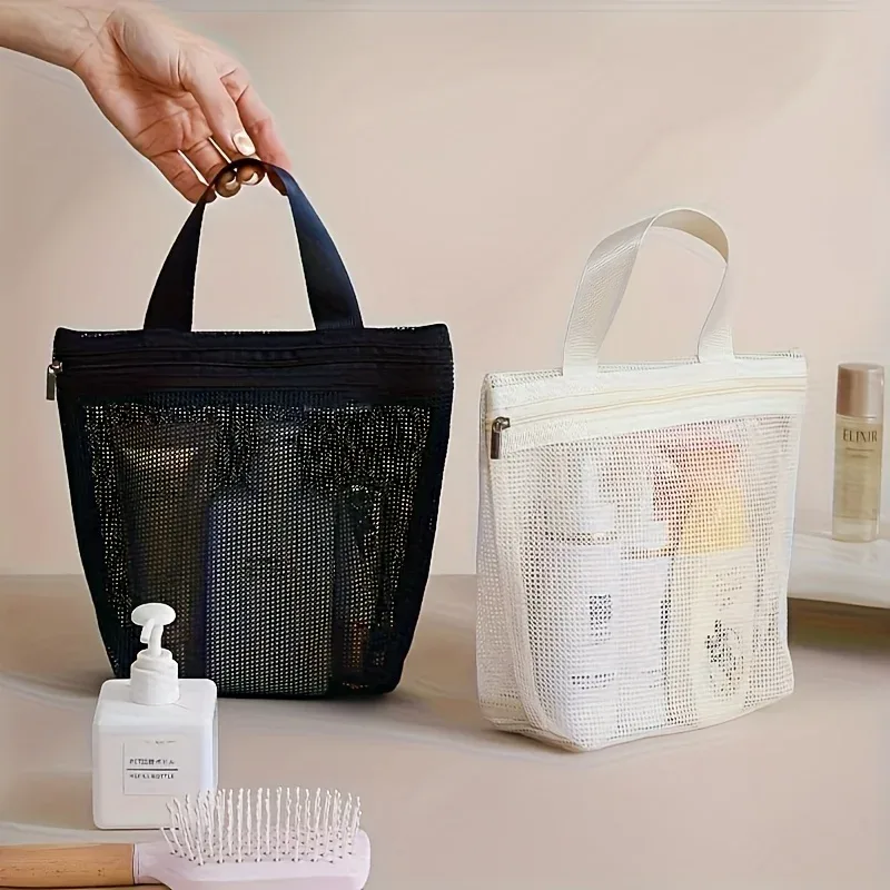 sac de rangement en maille portable pour sacs à main, design ajouré pour le bain, l'égouttage, les articles de toilette, les voyages, la natation, le maquillage.
