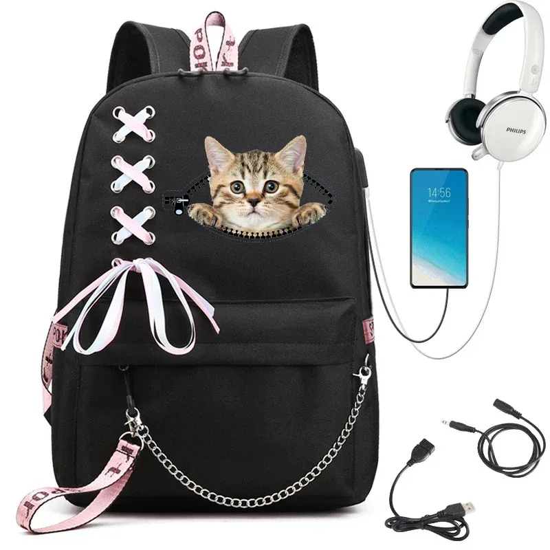 sac à dos imprimé chat kawaii pour femme, sac à dos scolaire noir, sac à dos pour adolescente, sac à dos mochila usb, mode
