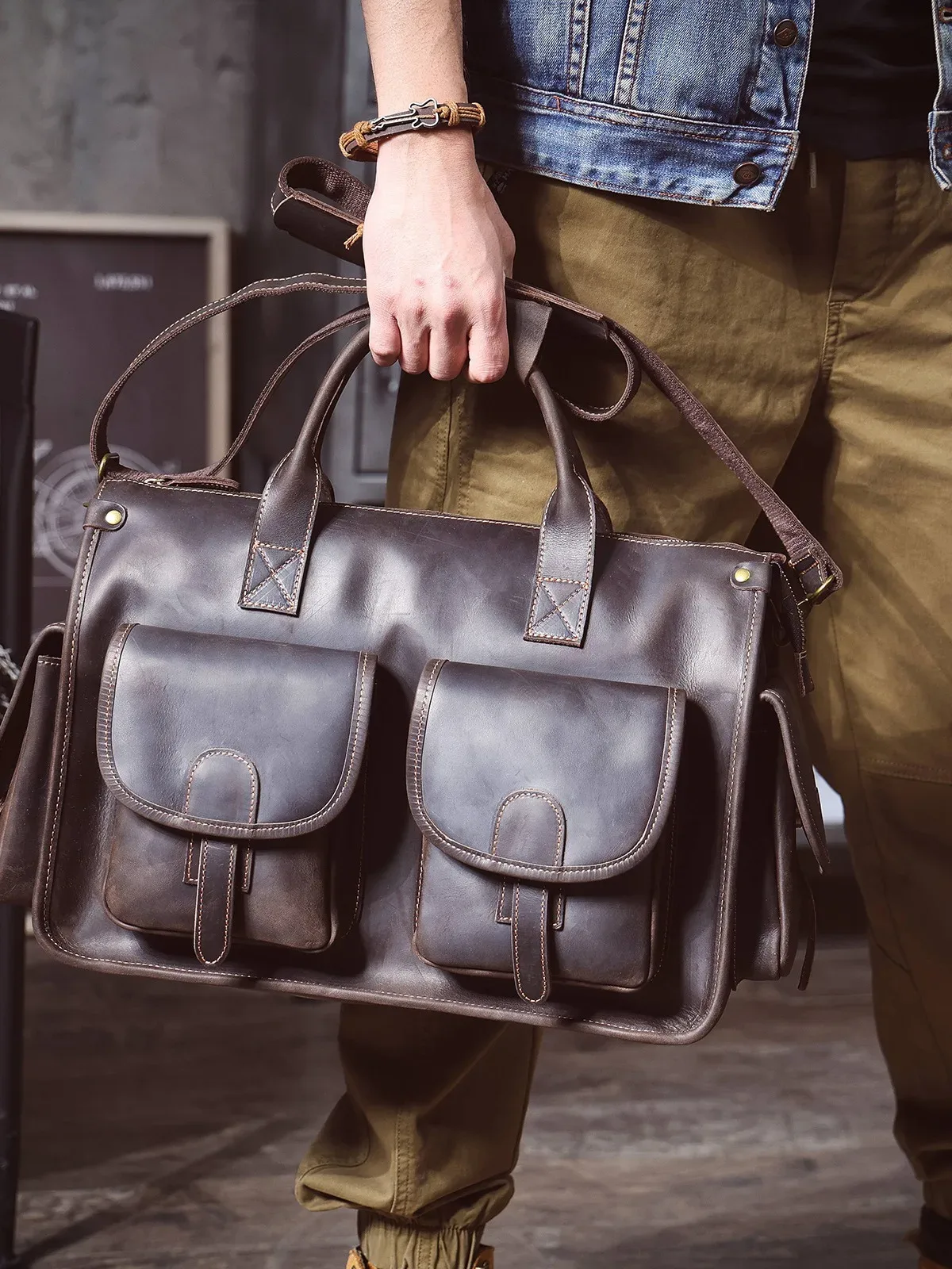 Porte-documents vintage fait main en cuir de vache Crazy Horse pour homme, multi-poches, sac à main d'affaires de luxe en cuir véritable, grande capacité pour ordinateur portable