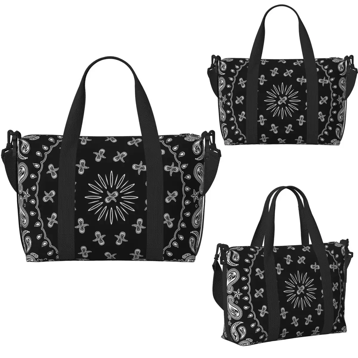 sac de voyage de plage à motif paisley coloré noir, grande capacité, sacs fourre-tout pour la gym, le sport, les femmes, le shopping, sac à bandoulière