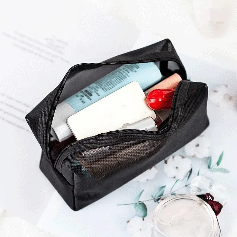 trousse de maquillage noire transparente pour femme, trousse de toilette et cosmétique, ensemble de poudres en maille, petite et grande, voyage