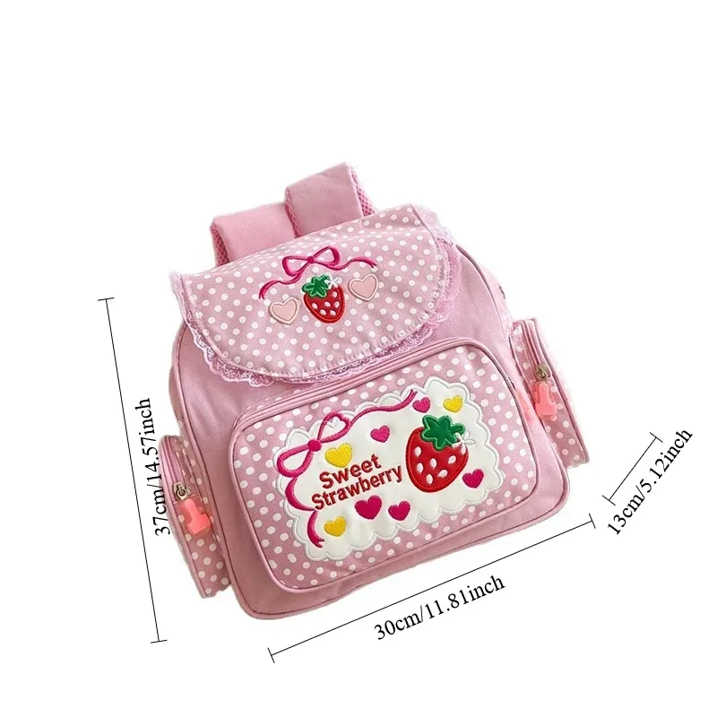 sac à dos rose pour enfants, motif fraise brodée, style dessin animé japonais, idéal pour l'école, cadeau d'anniversaire, nouveauté 2026
