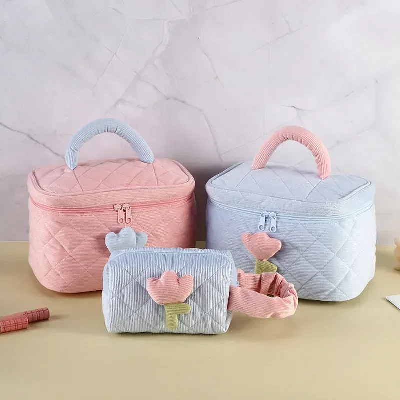 Pochette à fleurs de tulipe pour femmes, sac à cosmétiques de voyage de grande capacité, sacs en velours côtelé à fermeture éclair, rangement Portable, organisateur de maquillage