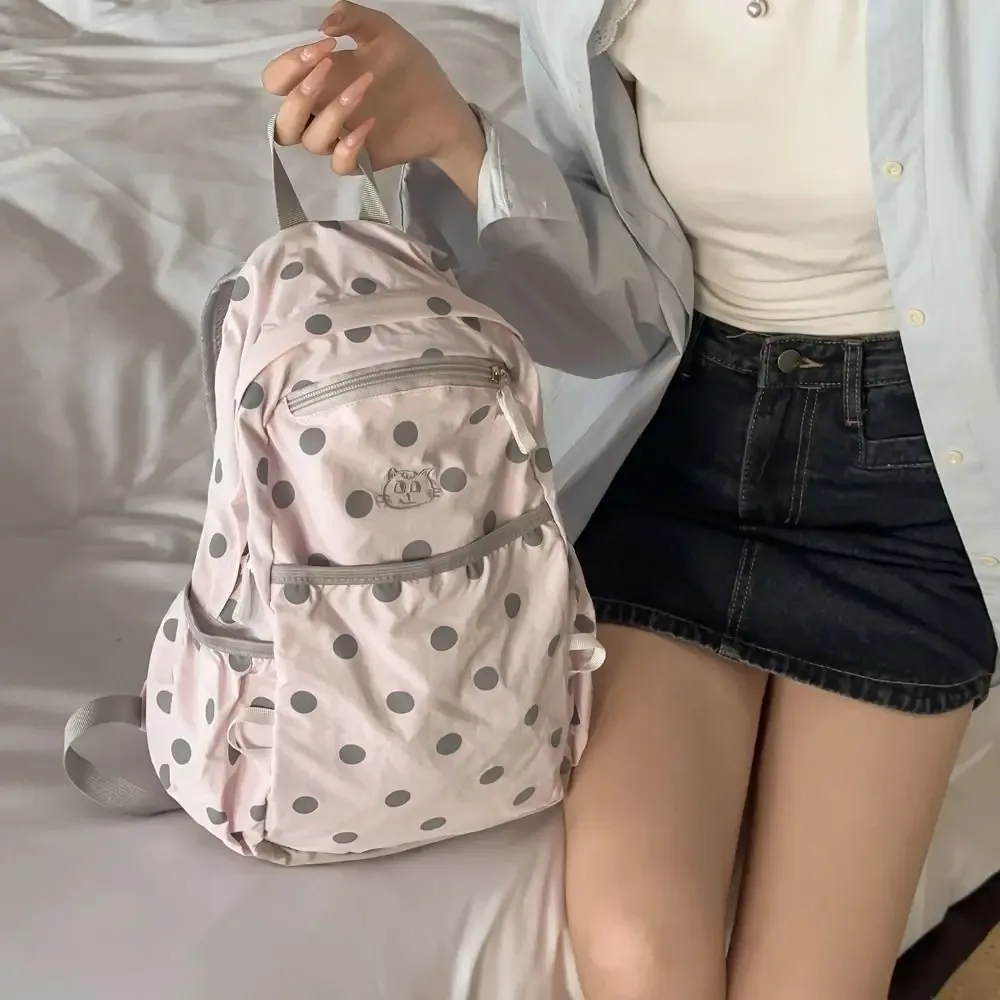 sac à dos tendance à pois, minimaliste, grande capacité, en nylon, avec broderie chat, léger, pour étudiant, cadeau