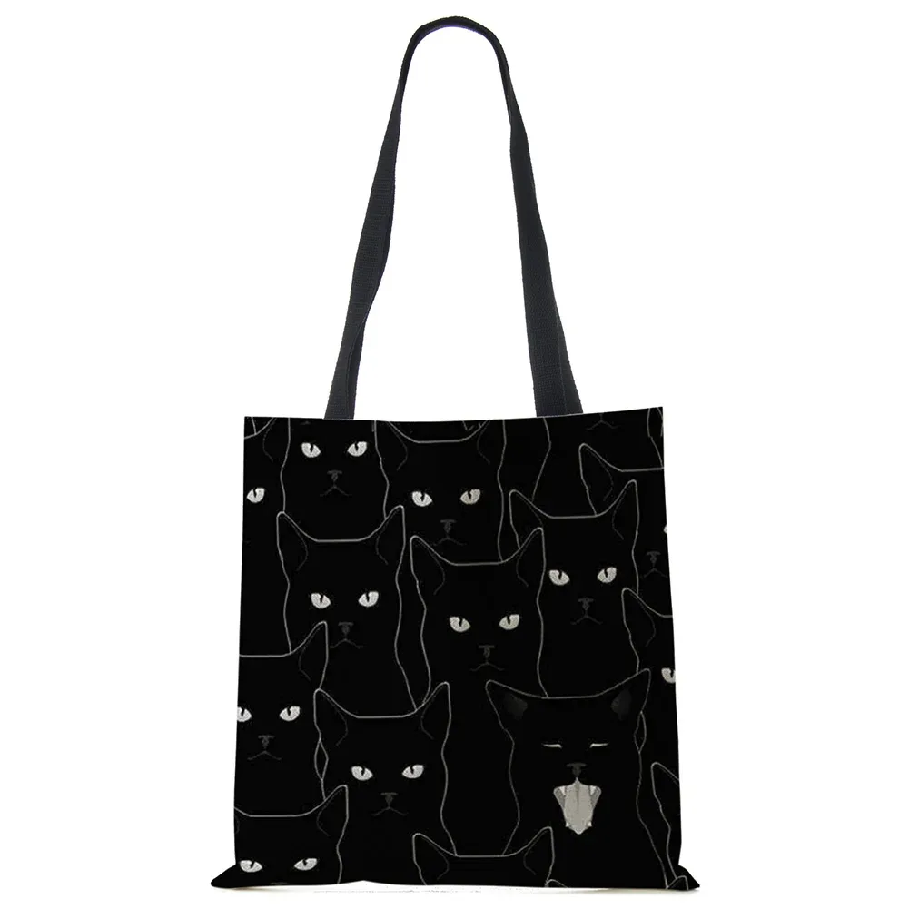 sacs fourre-tout de styliste pour femmes, sac à main écologique en tissu de lin imprimé chat noir sumi, sac à bandoulière réutilisable pour le bureau et le shopping