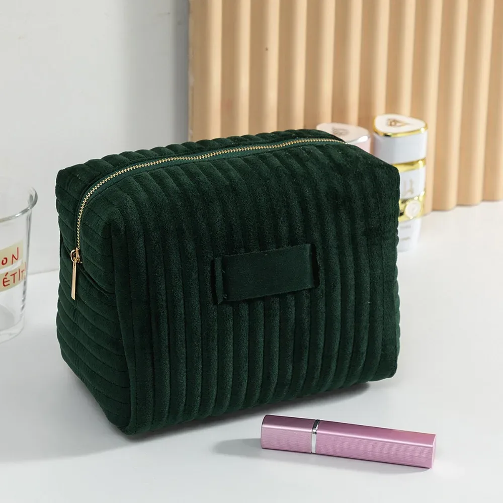 sac de maquillage en velours multi-usages, rayé, matelassé, au toucher doux, trousse de toilette grande capacité, sac cosmétique de voyage