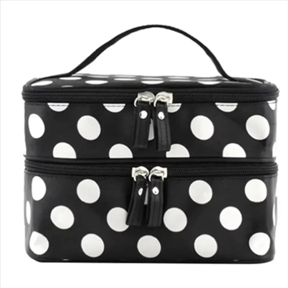 Sac de maquillage double couche à pois, trousse de toilette portable grande capacité, étui de voyage pour maquillage