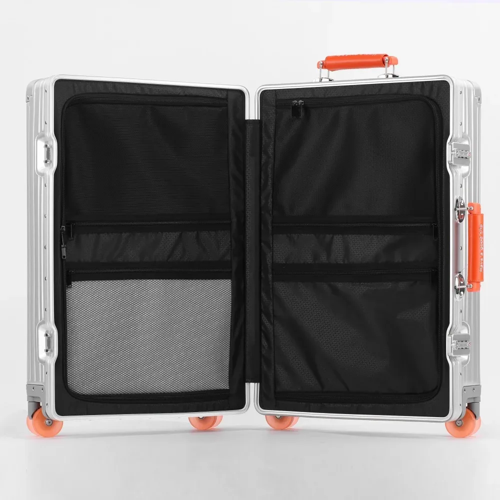 nouvelle valise tout en alliage d'aluminium-magnésium avec roue rotative serrure tsa poignée en cuir 20/24/29 ''étui de voyage sac bagage roulant