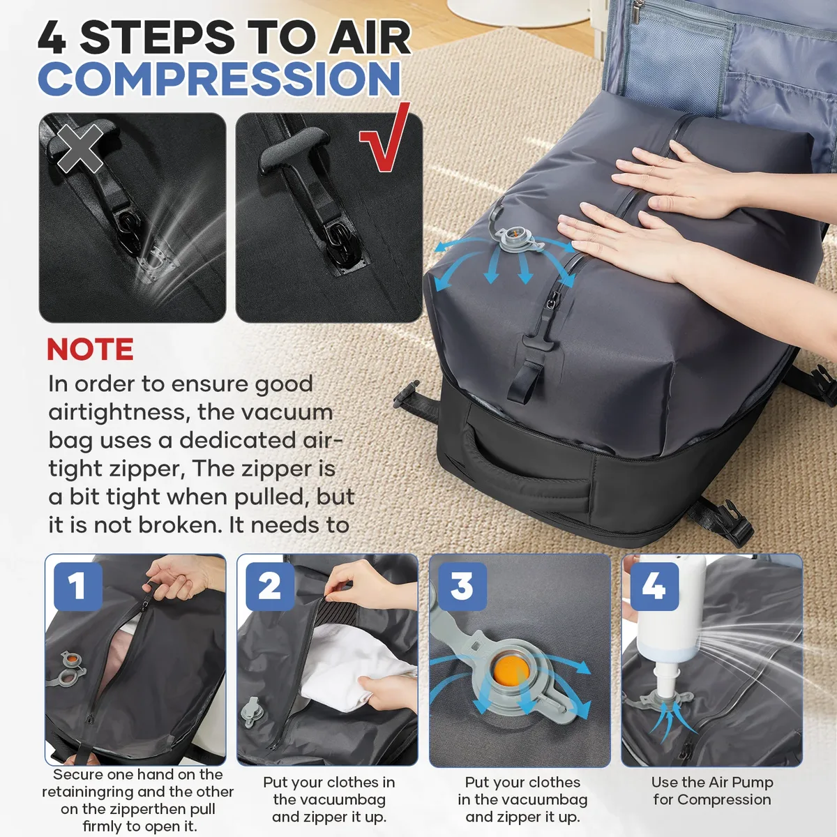 sac à dos de compression sous vide avec air aériennes approuvées par pompe à air, sac à dos de voyage pour hommes et femmes, sac de travail pour ordinateur portable d'affaires de stockage sous vide