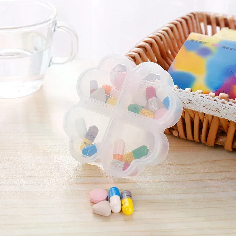 boîte de rangement pour pilules en plastique portable avec conception d'ouverture indépendante, trèfle à quatre feuilles, 4 grilles, organiseur de pilules, boîte de séparation de médicaments