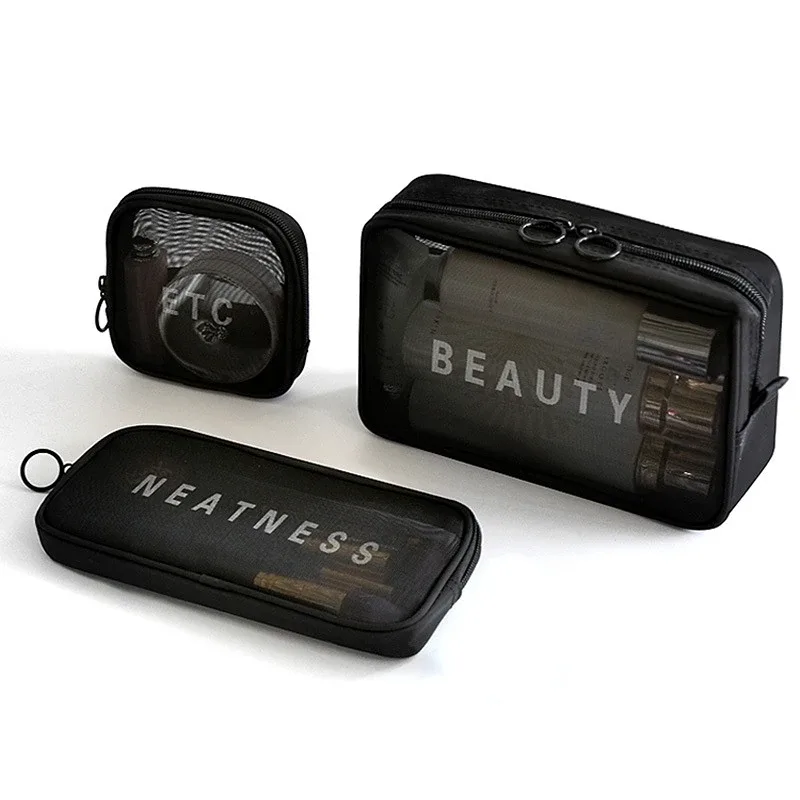 Trousse de maquillage pour femmes, sac de voyage, trousse de toilette, trousse de rangement, sacs de maquillage à fermeture éclair, sac à cosmétiques en maille transparente