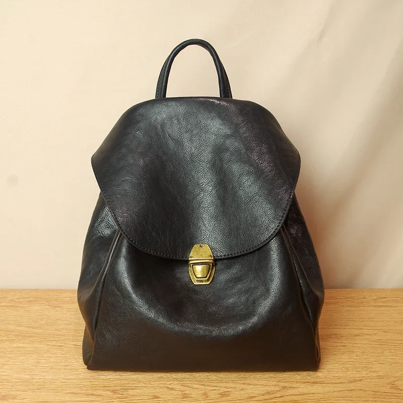 sac à bandoulière en cuir de vachette noir souple pour femme, sac à dos à moraillon, original, simple, rétro, école, dames, nouveau, 2024