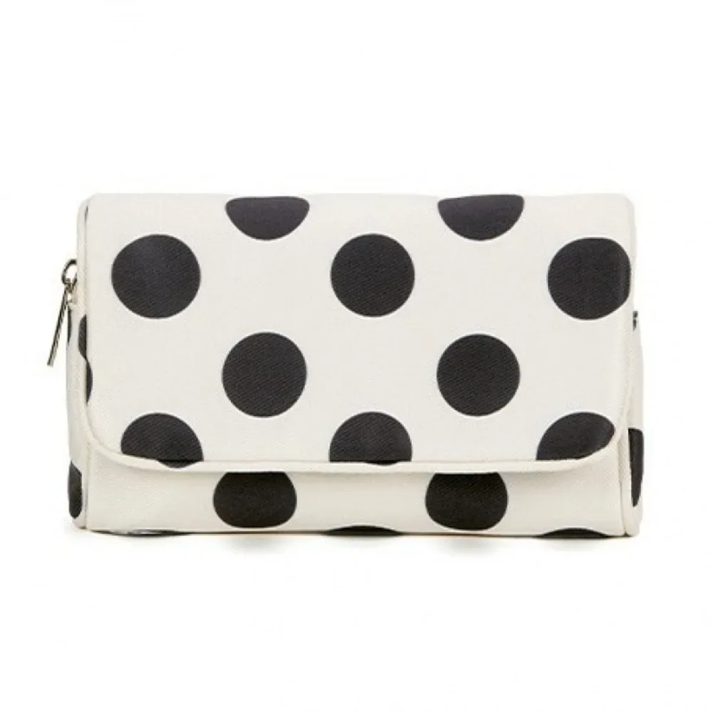 sac cosmétique portable en toile à pois, grande capacité, sac à rayures pour petits objets, multifonctionnel avec miroir de maquillage