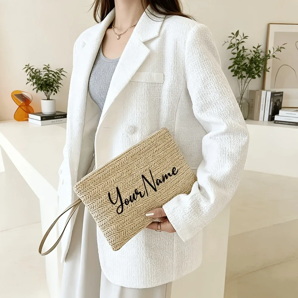 pochette à maquillage personnalisée en paille tressée, sac de rangement portable pour téléphone portable et petits accessoires divers, idéal pour une utilisation quotidienne en extérieur