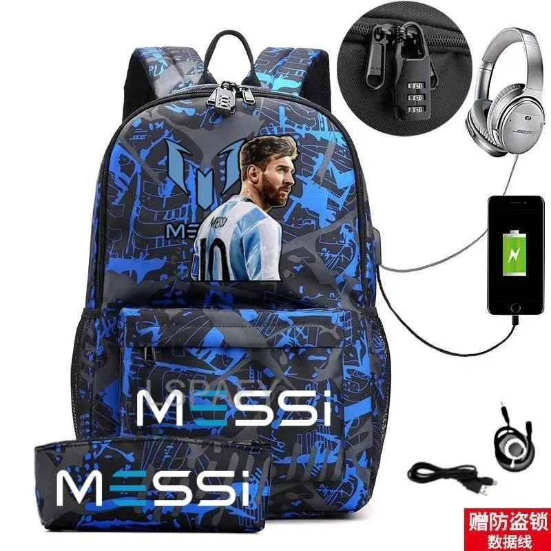 sac à dos messi tendance (lot de 2) – anti-vol, unisexe, simple, pour ordinateur portable, avec port usb, grande capacité, idéal pour les voyages, l'école, les garçons et les filles