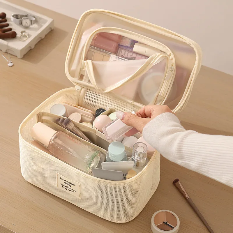 sac de voyage cosmétique et de maquillage tendance avec fermeture éclair, motif lettres en maille, durable, grande capacité, portable, respirant et à compartiments