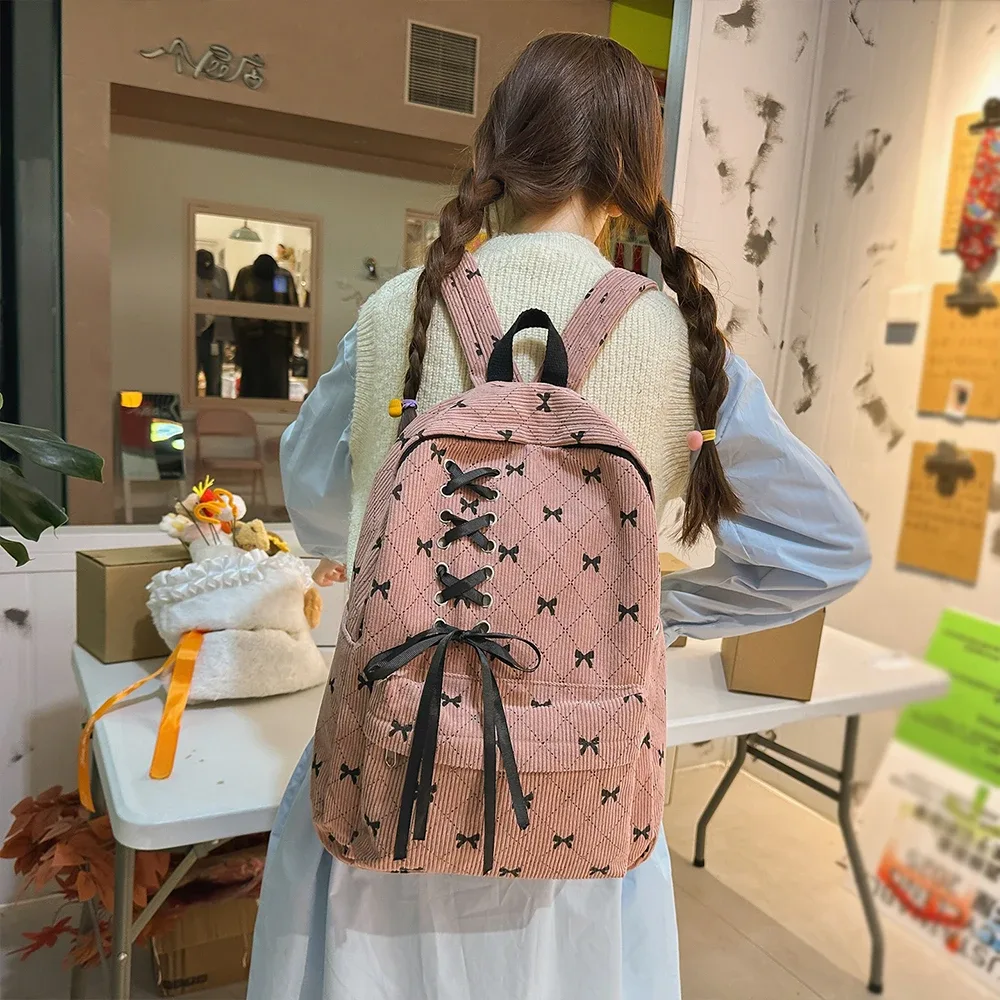 sac à dos de loisirs en velours côtelé avec nœud, grande capacité, style universitaire, pour le printemps et l'été, idéal pour les trajets quotidiens