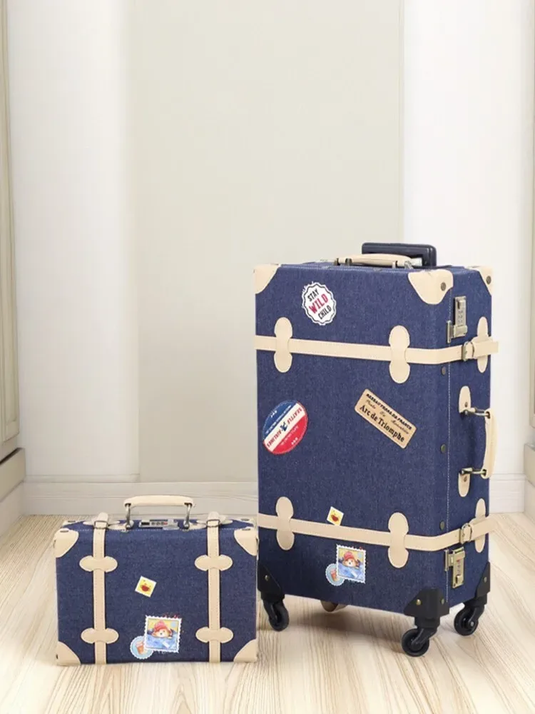 nouvelle valise en patchwork de denim avec coins en cuir faits à la main, roulettes à bagages rigides de voyage vintage de 20/24 pouces