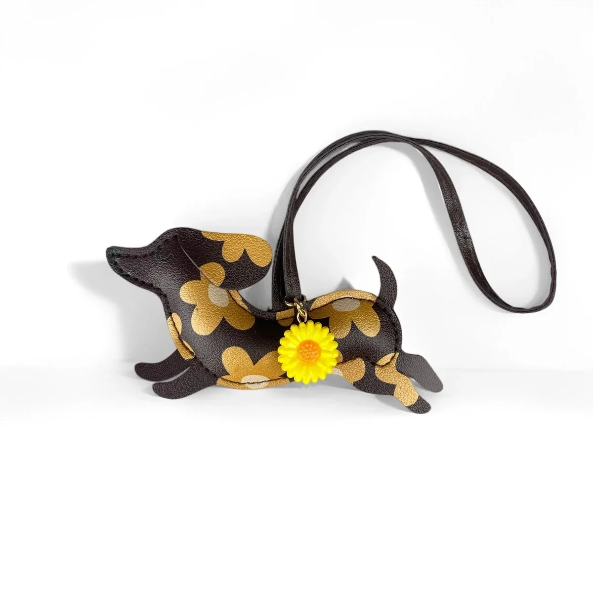 porte-clés teckel en similicuir, breloque pour sac en forme de chiot avec fleur de marguerite - accessoires pour sac à main et sac à dos, cadeau pour les amoureux des chiens