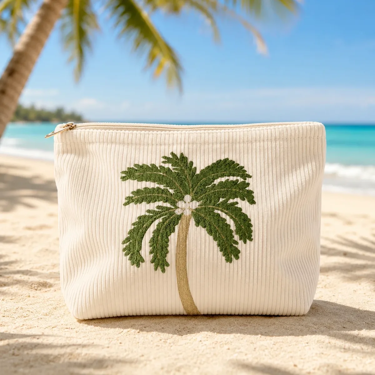 pochette de maquillage en velours côtelé brodée de palmiers tropicaux, trousse de toilette souple à fermeture éclair pour femme, organiseur de voyage pour vacances à la plage