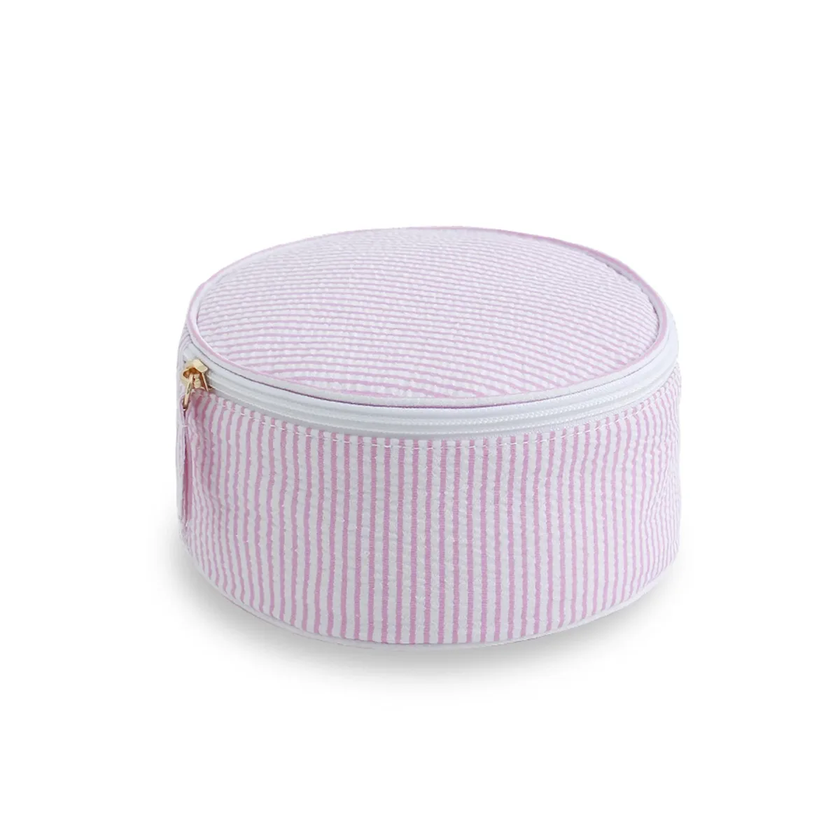 seersucker-trousse de maquillage de grande capacité pour femme, boîte à bijoux de voyage ronde rayée, rangement