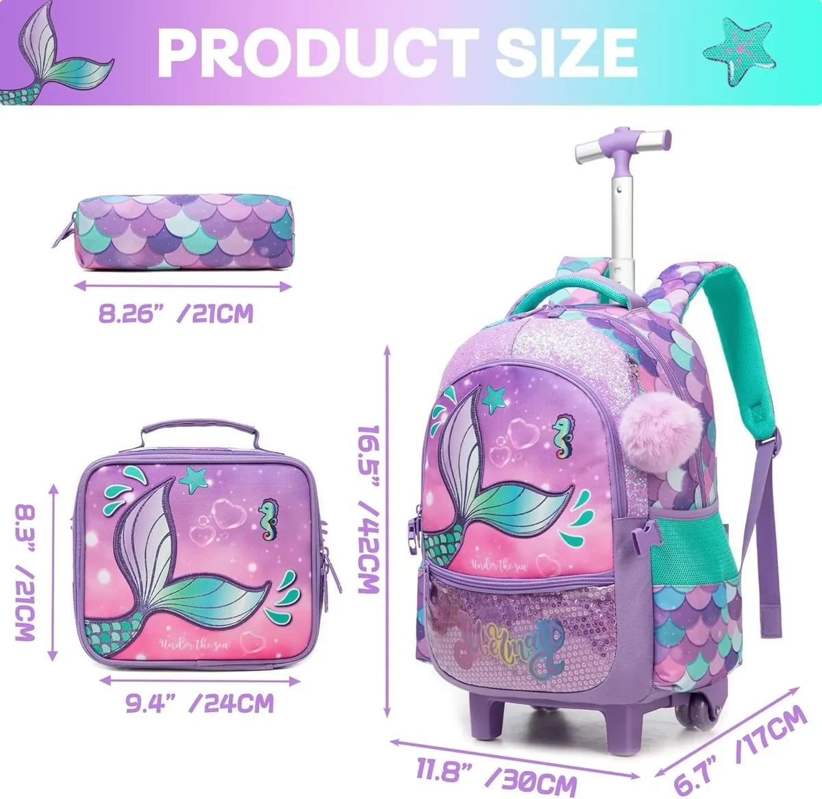 sac à dos à roulettes pour filles, sac à dos pour enfants à roulettes, ensemble de sacs à roulettes pour l'école avec boîte à lunch isotherme, sac de voyage pour enfants