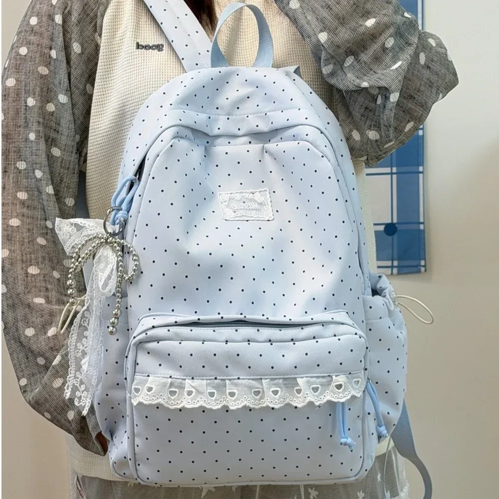 sac à dos de voyage à pois mignon, grande capacité, avec dentelle, cartable d'école pour étudiants, sac à dos en nylon multi-poches pour ordinateur portable
