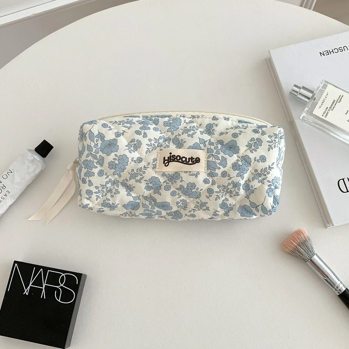 sac de rangement pour cosmétiques avec fermeture éclair, en coton matelassé, petit sac à maquillage à motifs floraux, sac de rangement portable pour femmes