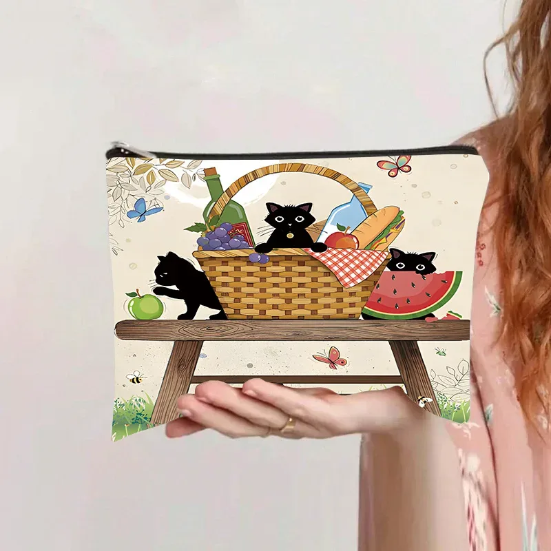 trousse de maquillage rétro chat, pochette de rangement de cosmétiques en toile de grande capacité, trousse de toilette portative avec fermeture éclair pour organisateur personnel