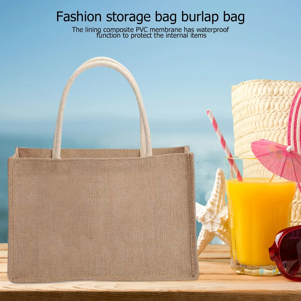 sacs fourre-tout de plage créatifs en jute pour femmes, couleur unie, avec poignée, réutilisables pour les courses et l'emballage de cadeaux, sac à poignée supérieure
