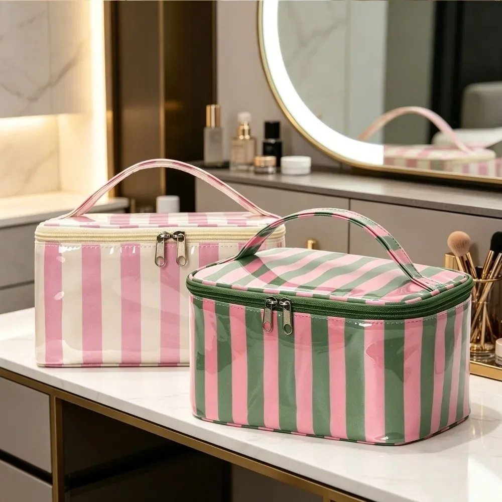 sac de rangement pour articles de toilette à rayures, en pvc imperméable, étui organisateur de maquillage, sac de voyage léger et durable pour cosmétiques
