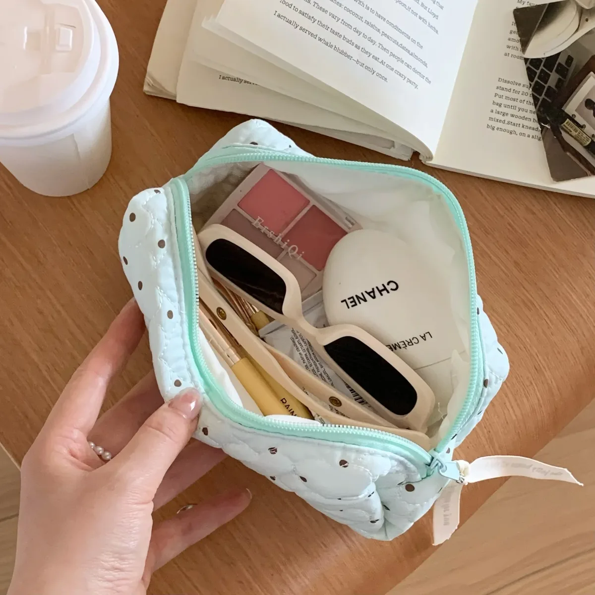 sac de rangement pour cosmétiques en coton matelassé, trousse de toilette de voyage portable, trousse de maquillage à pois vert menthe, grande capacité, style ins