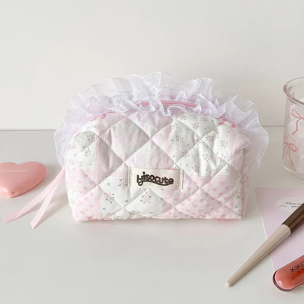 trousse de maquillage matelassée en dentelle simple et tendance, sac de rangement portable pour produits de soin pour fille, trousse de toilette, cadeau pour femme, trousse à crayons pour étudiante