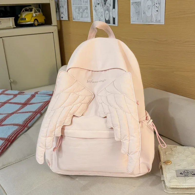 sac à dos mignon à pois avec ailes d'ange, sac à dos à cordon en dentelle, sac d'école kawaii, sac à dos de voyage décontracté, sac à bandoulière tendance