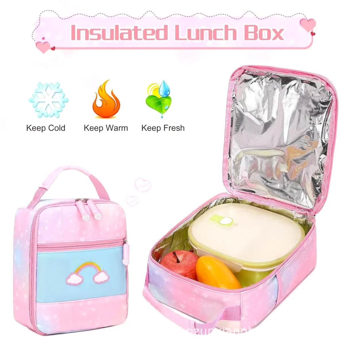 sac à dos scolaire pour filles, 3 pièces/ensemble, avec boîte à lunch et trousse à crayons, pour l'école primaire, le collège et le lycée