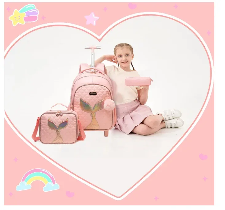 ensemble de sacs à dos à roulettes pour filles, chariot de voyage de 16 pouces, sac à dos à roulettes, sac à déjeuner, sac à stylos, sacs à roulettes d'école 3 en 1