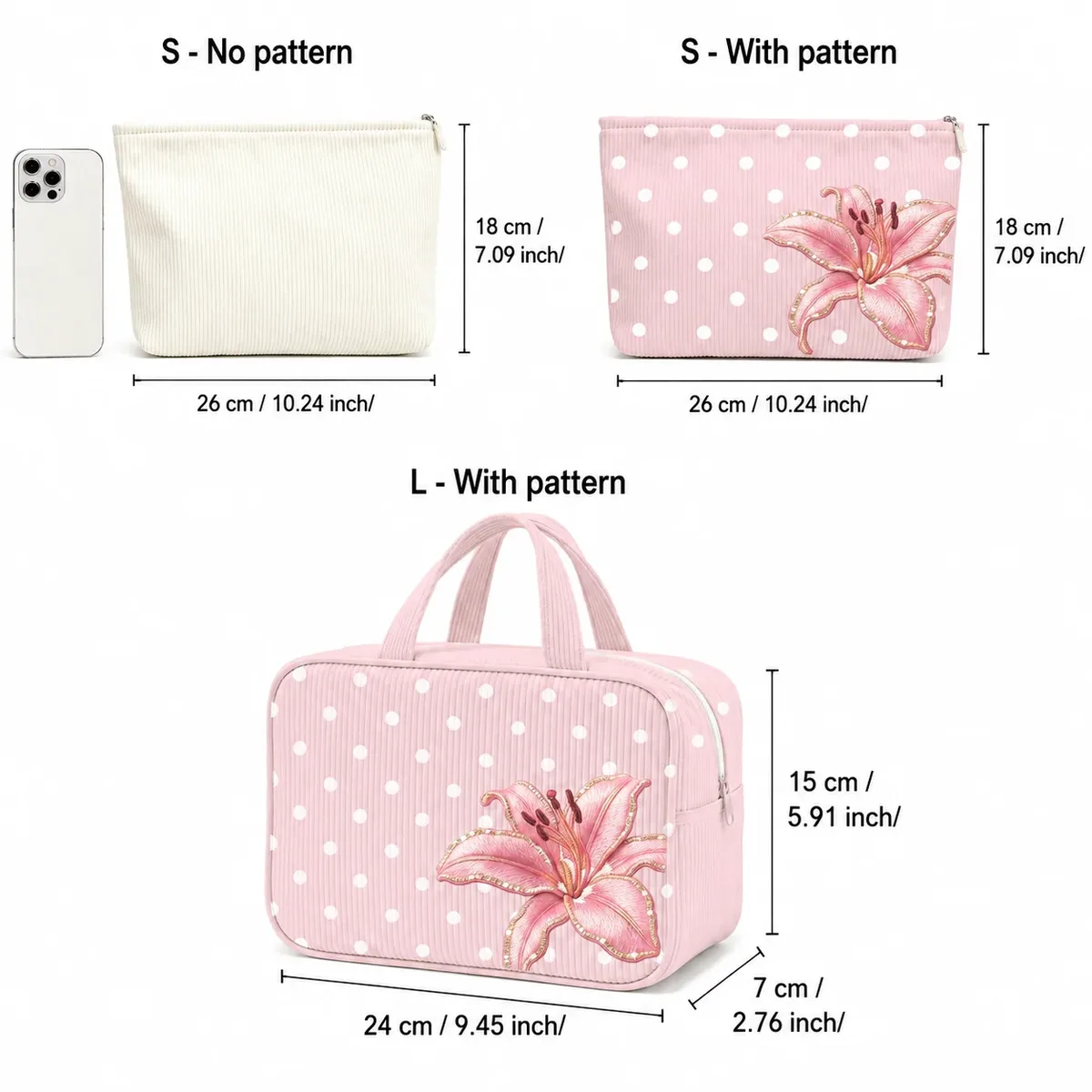 trousse de maquillage rose à pois avec broderie de lys, organiseur de maquillage portable à fermeture éclair pour femmes, voyage, articles de toilette et beauté