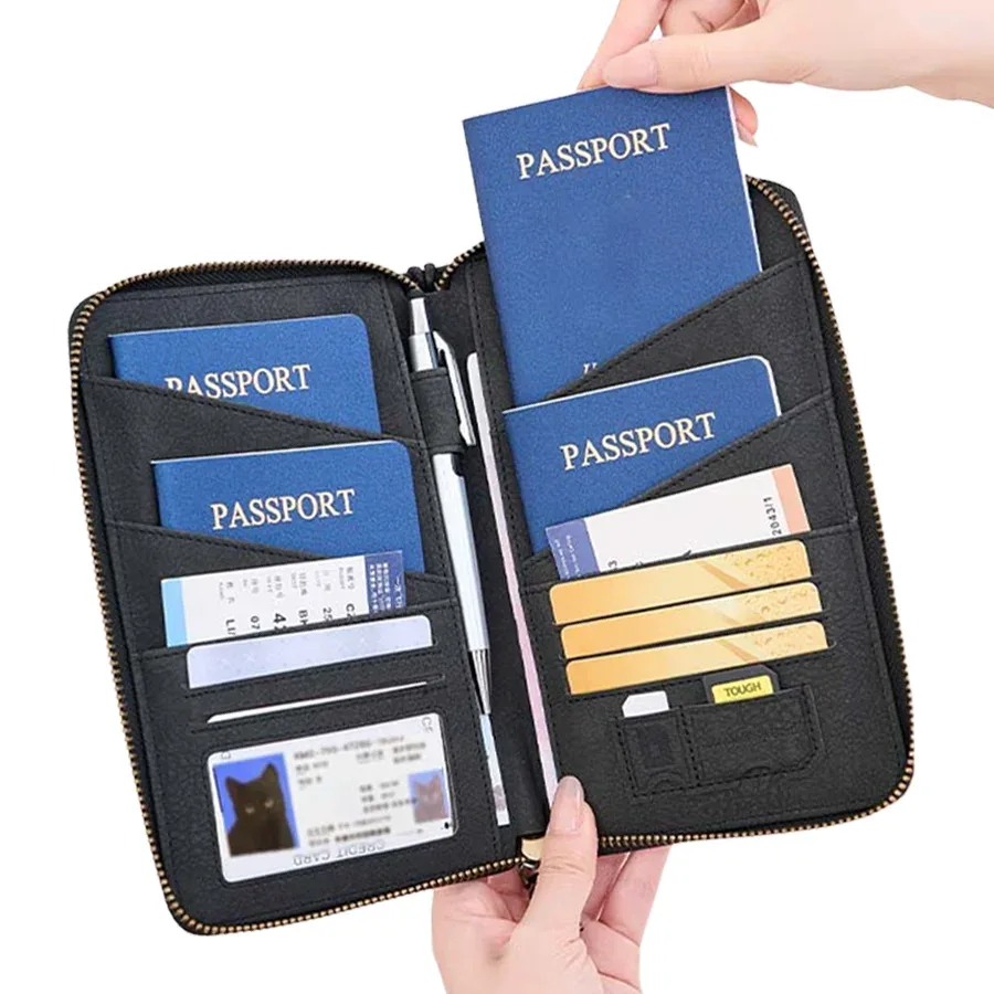 porte-passeport avec fermeture à glissière, protection rfid, étui de rangement pour documents de voyage multi-poches noir, portefeuille en simili cuir xjm, 1 pièce